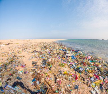Plaja saçılmış çeşitli plastik atıklar. Çöp çevreyi kirletir ve zarar verir