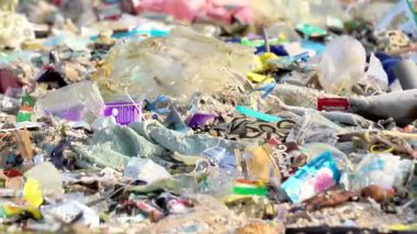 Plaja saçılmış çeşitli plastik atıklar. Çöp çevreyi kirletir ve zarar verir