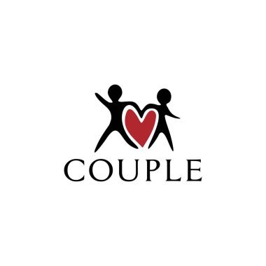 Romantik çift ve aşk kalp vektör logosu tasarımı