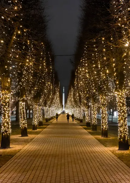 Riga 'daki görkemli Liberty Bulvarı' nda, Noel sezonu boyunca Noel ışıklarıyla süslenmiş ıhlamur kaplı bir sokak bulunuyor. Sokağın sonunda görkemli Özgürlük Anıtı duruyor..