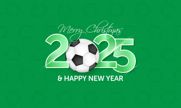 stock vector Festive 2025 Merry Christmas and Happy New Year Greeting Card with Soccer Ball and Green Sports Theme Background.