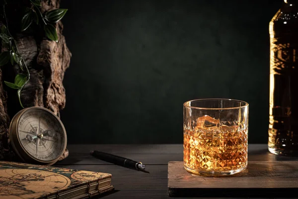 Luxury Life Glass Whisky Ice Bottle Wooden Table Dark Background — Stock Photo, Image