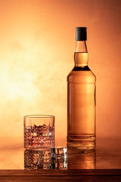 Bottle Whiskey Bright Orange Smoke Background Stock Image