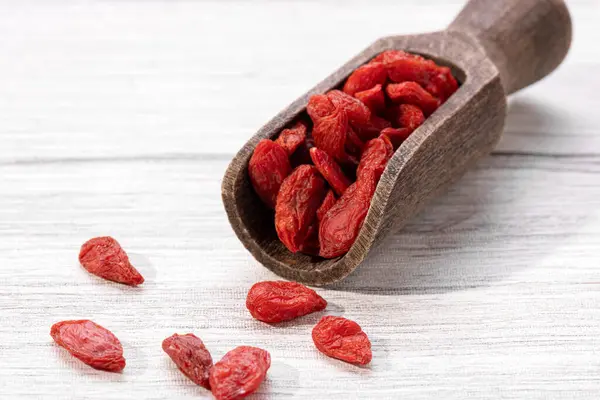 Dried Goji Berries Wooden Spoon White Background Stock Image