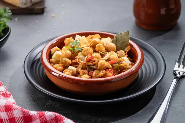 Ropa Vieja Typical Canarian Dish Chickpeas Stew Chicken Potatoes Earthenware Stock Image
