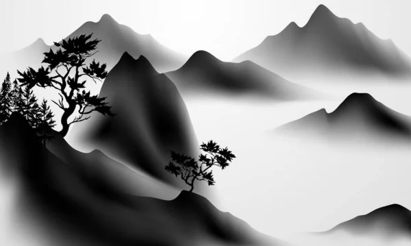 Ilustración Vectorial Diseño Moderno Pintura Paisaje Tinta China Hermosa —  Fotos de Stock