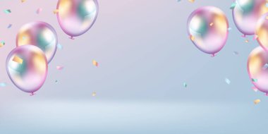 Arka planı güzel pastel balonlar vektör illüstrasyonuyla kutlayın.