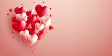 Sevgililer Günü posteri ya da kupon tasarımı kutlu olsun. Güzel bir arka planda kalp balonları, vektör çizimi