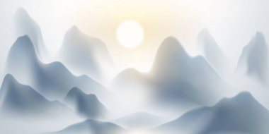 Güzel Çin mürekkep manzarası resminin modern tasarım vektörü çizimi.