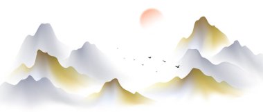 Güzel Çin mürekkep manzarası resminin modern tasarım vektörü çizimi.