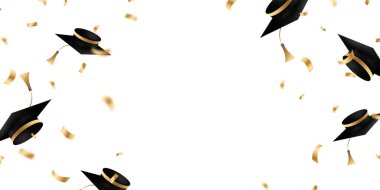 Mezuniyet tasarımı arka plan gerçekçi mezuniyet şapkası Mezuniyet vektörü illüstrasyonuna tebrikler