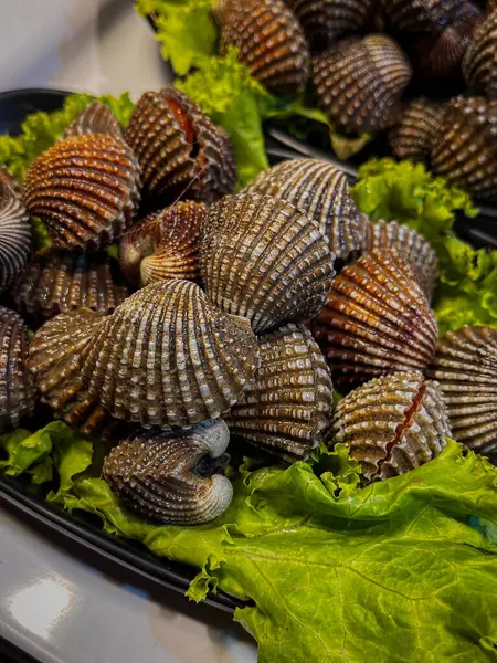 Yenilebilir istiridyeler tabağa serilmiş yeşil deniz tarakları, kabuklu taze midyeler..