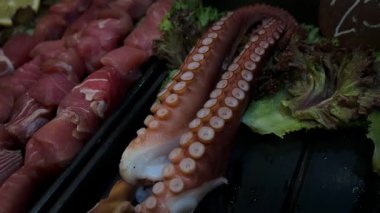 Ahtapot dokunaçları yemek için hazırdır. Şiş üzerinde balık parçaları. Deniz ürünleri yeşil marul yaprakları üzerinde yemeye hazır.