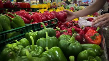 Kadın marketten sulu dolmalık biber seçiyor. Büyük bir biber çeşidi olan bir dükkan.