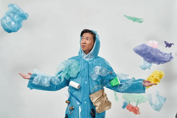 Dissatisfied Asian Man Wearing Raincoat Standing Garbage Rain Ecology Safety — Stock Photo, Image