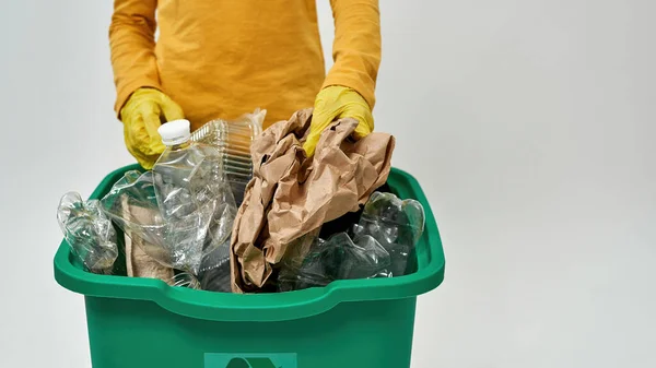 Cropped Girl Wearing Gloves Sorting Garbage Full Dustbin Ecology Safety — Stock Photo, Image