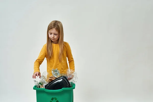 European Little Girl Take Garbage Full Dustbin Garbage Sorting Ecology — Stock Photo, Image