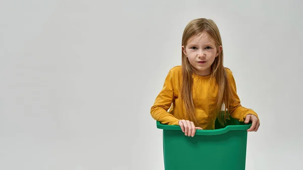 Caucasian Little Girl Standing Dustbin Looking Camera Garbage Sorting Ecology — Stock Photo, Image
