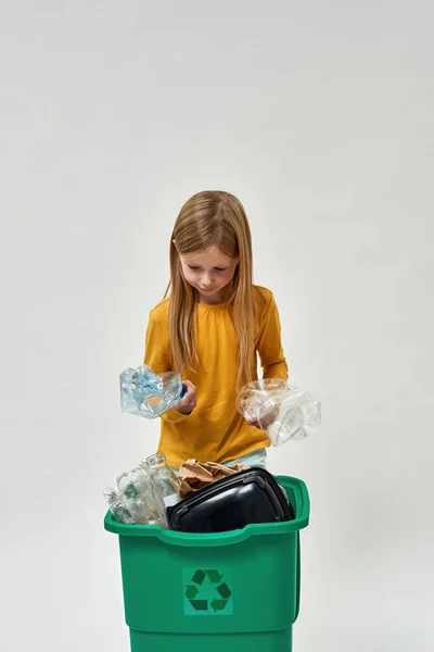 Caucasian Little Girl Holding Looking Plastic Bottles Full Dustbin Garbage — Stock Photo, Image
