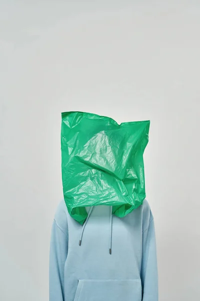 Cropped Human Plastic Bag Head Garbage Danger Ecology Safety Waste — Stock Photo, Image