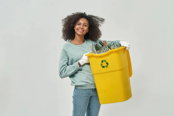 Young Black Girl Holding Dustbin Glass Garbage Ecology Safety Protection — 스톡 사진