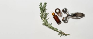 Top view of massager, two bottles with oil and plant branch isolated on white background. Concept of skin and body care. Eco and natural beauty product. Studio shoot. Copy space. Nobody