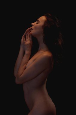 Dudaklarına dokunan gözleri kapalı seksi, beyaz bir kızın yan görüntüsü. Kadın güzelliği. Tutku ve arzu. Genç, sıska, esmer bir kadın. Karanlık arka planda izole edilmiş. Stüdyo çekimi. Boşluğu kopyala