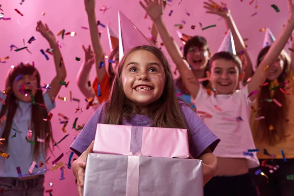 Pleased European Little Girl Gift Boxes Background Celebrating Friends Flying —  Fotos de Stock