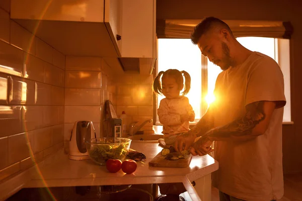 Asian Man Cutting Cucumber Chopping Board Knife Salad Little Daughter — Stock Photo, Image