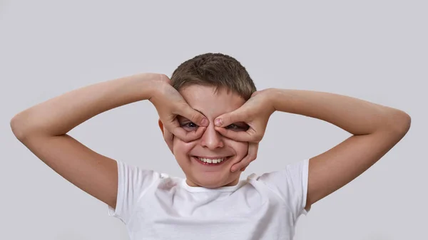 Partial Smiling Caucasian Little Boy Looking Binoculars Gesture Camera Male — Stock Photo, Image