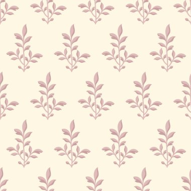 Açık bej arka planda, soluk pembe renkli, stilize yaprakları olan zarif, pürüzsüz çiçek deseni. Duvar kağıtları, tekstil ve hassas tasarımlar için idealdir.. 