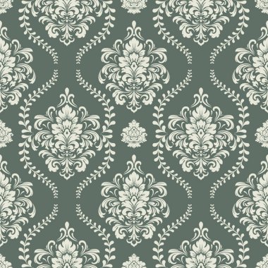 Adaçayı yeşili arka planda pürüzsüz damaske deseni, karmaşık çiçek ve parşömen motifleriyle klasik ogee şekilli madalyonlar. Sofistike tekstil ve zarif dekor için ideal.