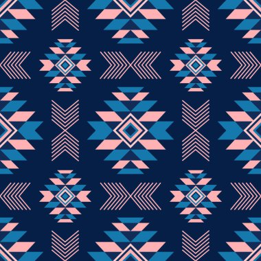 Koyu mavi arka planda mavi ve pembe renkli stilize Amerikan motifleri olan kusursuz geometrik desen. Tekstil, duvar kağıtları ve çeşitli tasarım projeleri için mükemmel..