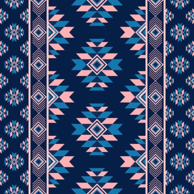 Geometrik kabile şekli geleneksel Amerikan Yerlisi tarzında. Koyu mavi arka planda mavi ve pembe şekiller. Tekstil, moda ve kültürel tasarımlar için ideal..