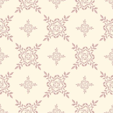 Hafif krem arka planında yumuşak pembeli küçük ve büyük çiçek madalyonları olan zarif, pürüzsüz damaske deseni. Zarif tekstil, hediye paketi ve rafine tasarımlar için idealdir..