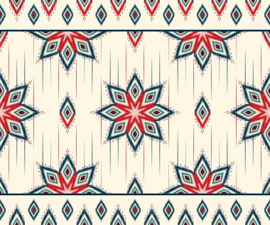 Çiçek ve yıldız, kırmızı, mavi ve kremalı geleneksel kabile dizaynına sahip Ikat sınır desenini şekillendirir. Bu soyut etnik geçmiş tekstil, sınır ve dekoratif projeler için mükemmeldir..