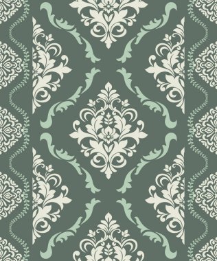 Kusursuz dikey ipek kumaş desenli, zarif beyaz çiçekli madalyonlar ve koyu bilge arka planda ince bilge yeşil aksanlar. Lüks ve klasik tasarımlar için mükemmel dekoratif sınır unsurları içerir.