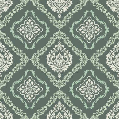 Sessiz, adaçayı yeşili ve beyaz renginde zarif, dikişsiz damaske deseni. Çiçek ve tomar motifleri, tekstil, duvar kağıdı ve arka plan için uygun klasik ve sofistike bir tasarım oluşturur..