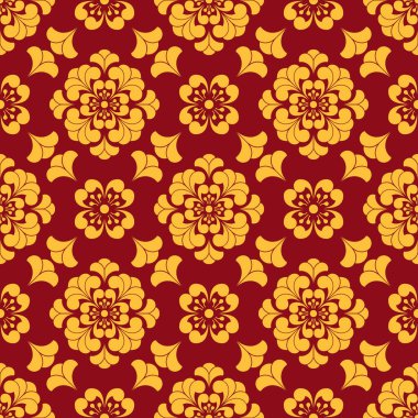 Geleneksel kasımpatı ve kaydırma motifleriyle zengin kırmızı ve altın renginde uğursuz Çin çiçek deseni. Ay 'ın yeni yılı, kültürel ve dekoratif tasarımları için mükemmel..