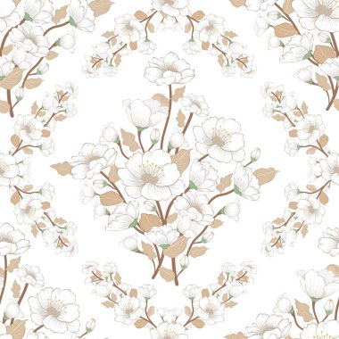 Beyaz arka planda bej yaprakları olan kusursuz beyaz çiçek deseni. Kumaş, duvar kağıdı ve ambalaj tasarımı için ideal.