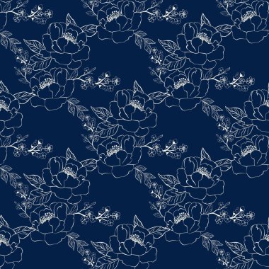 Elle çizilmiş beyaz çizgili kusursuz desenli sanat çiçekleri ve koyu mavi arka planda yapraklar. Kumaş, tekstil, duvar kağıdı ve ambalaj tasarımı için ideal.