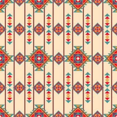 Dikey Çizgili Yerli Amerikan pikseli pürüzsüz konuşma sanatı. Tasarım, açık bej arkaplana karşı kırmızı, yeşil, turuncu ve mor gibi sıcak renklerde dikey çizgiler ve geometrik motifler içerir..
