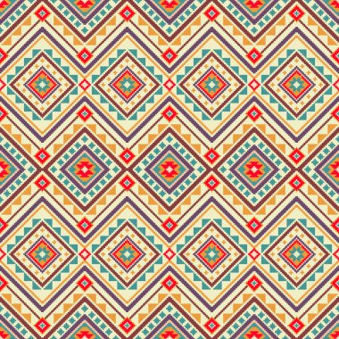 Renkli Amerikan Yerlisi pikseli kusursuz desenli sanat tasarımları. Geometrik şekiller ve gri, kırmızı, turuncu, mor ve bej renklerinde karmaşık detaylar zengin ve desenli bir görünüm yaratır..