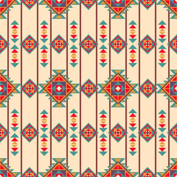 Dikey Çizgili Yerli Amerikan pikseli pürüzsüz konuşma sanatı. Tasarım, açık bej arkaplana karşı kırmızı, yeşil, turuncu ve mor gibi sıcak renklerde dikey çizgiler ve geometrik motifler içerir..