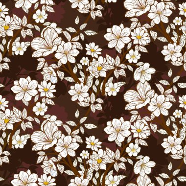 Çiçeksiz desenli, koyu kahverengi çizgili beyaz çiçeklerde narin ve koyu kahverengi arka planda yapraklı. Bu zarif tasarım tekstil, duvar kağıdı ve çeşitli yaratıcı projeler için idealdir..