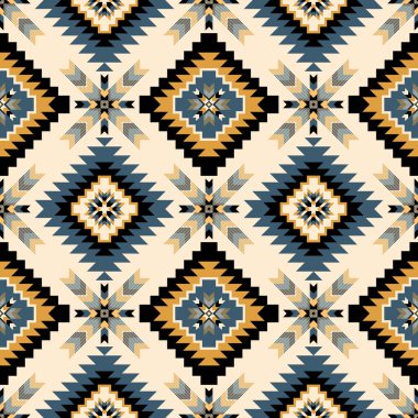 Açık bej arkaplanda mavi, sarı ve siyah tonlarda elmas ve yıldız şekilleri içeren hareketli geometrik, pürüzsüz desen. Tekstil, arkaplan ve yüzey tasarımı için mükemmel.