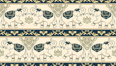 Süslü Hint filleri, yatay çizgilerle sıralanmış damaske motifleriyle kusursuz desenli. Tasarımın mavi, bej ve sarı bir el çizimi hissi var..