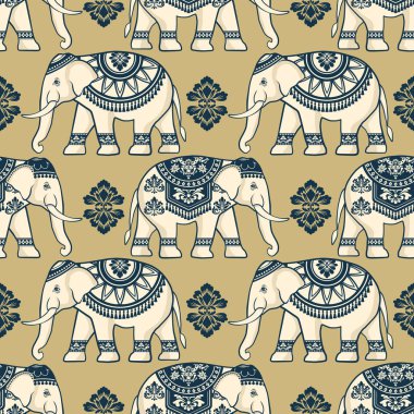 Geleneksel süslemeli mavi ve bej motiflerle süslenmiş kusursuz Hint filleri deseni. Tekstil, duvar kağıdı, kültürel tasarım ve geleneksel sanat projeleri için mükemmel..