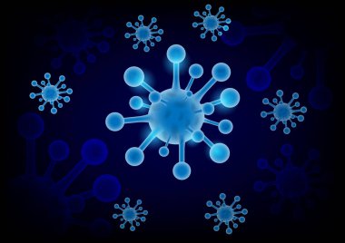 Koyu arkaplandaki mavi koronavirüs modeli. Vektör illüstrasyonu.