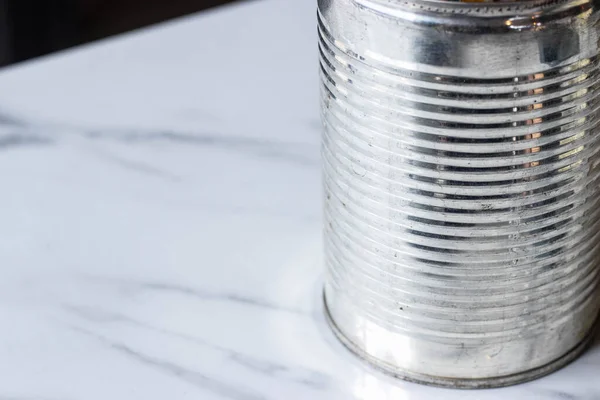 Silver Stainless Steel Milk Cans Placed Marble Table — Stock Photo, Image